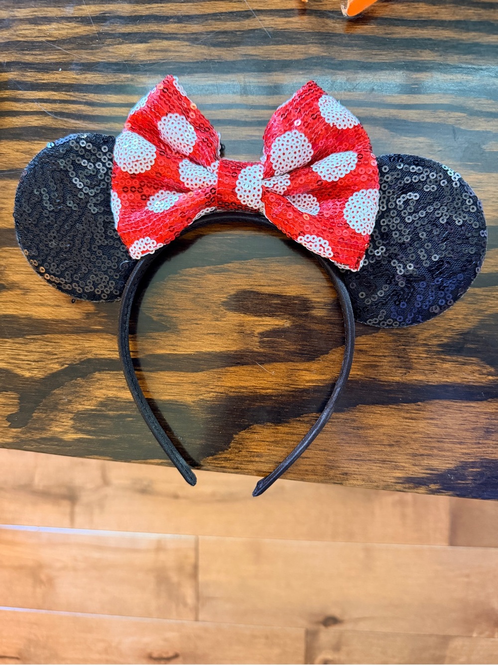 Sequin Minnie Mouse Ears Headband with Red Polka Dot Bow